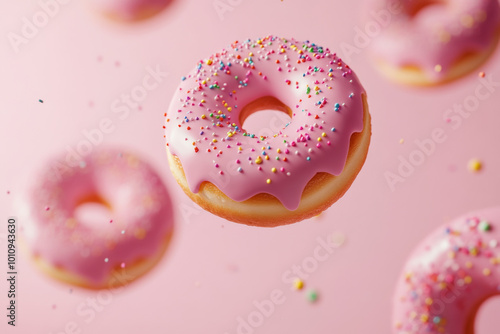 Delicious pink frosted donuts topped with colorful sprinkles floating against pastel pink background photo