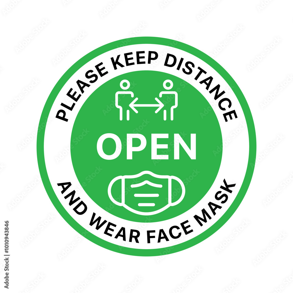 OPEN Sign Sticker with 'Wear Mask' and 'Keep Distance' Text for Shops and Public Spaces OPEN Sign Sticker with 'Wear Mask' and 'Keep Distance' Text for Shops and Public Spaces