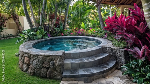 A tranquil hot tub surrounded by lush greenery and vibrant flowers in a serene garden setting.