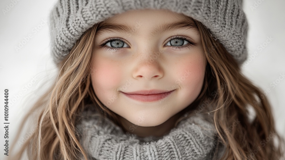 A smiling child in a cozy knit hat and scarf against a snowy backdrop. A smiling child in a cozy knit hat and scarf against a snowy backdrop.