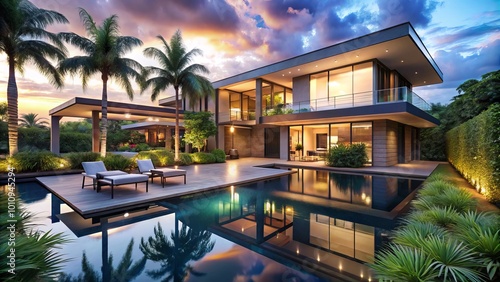 Elegant modern mansion illuminated beautifully  casting reflections in a tranquil pool surrounded by vibrant tropical