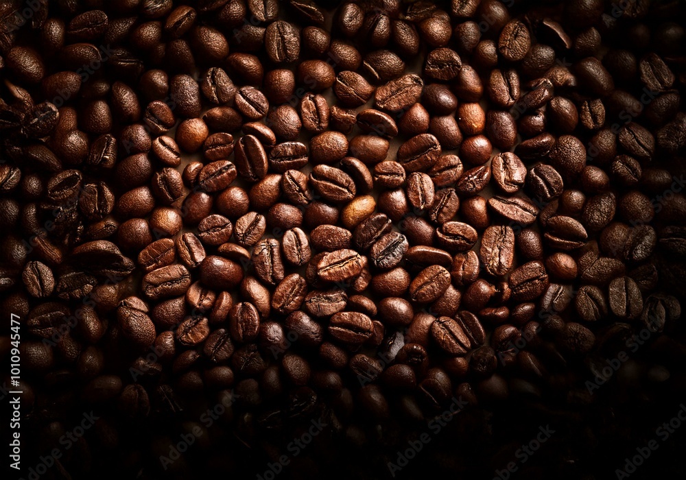 A close-up of a surface covered in roasted coffee beans. A close-up of a surface covered in roasted coffee beans.