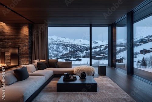 Sophisticated room featuring a black and neutral color palette, beautifully framing a winter mountain landscape through large floor-to-ceiling windows. photo