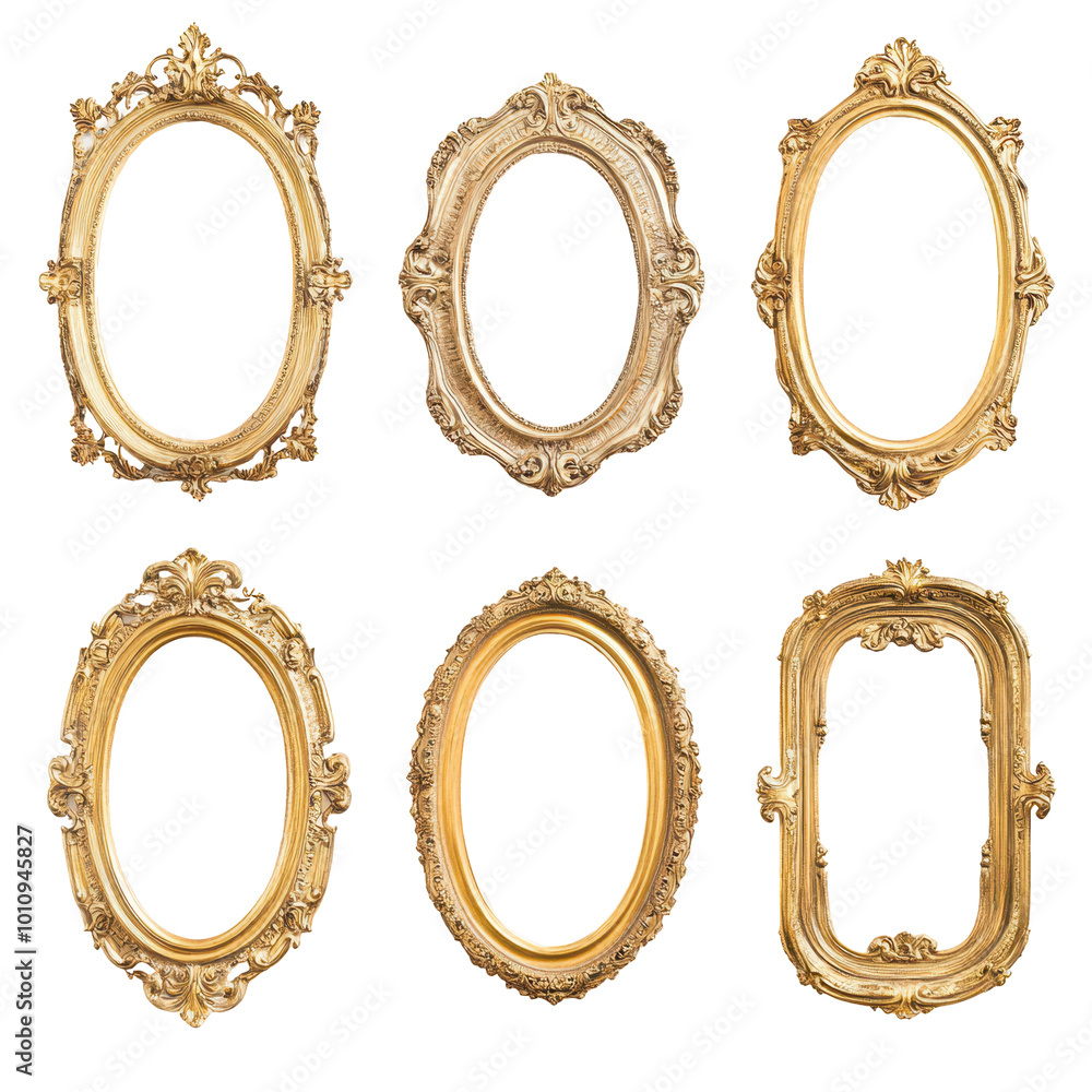 Set of six ornate, gold antique frames with intricate designs, isolated on white. Perfect for classic art and vintage decoration.
Set of six ornate, gold antique frames with intricate designs, isolated on white. Perfect for classic art and vintage decoration.