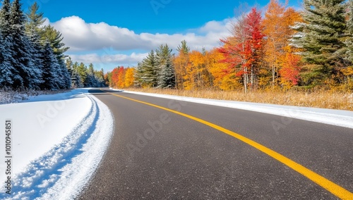 A Road with Trees on Both Sides, Left Side Covered in White Snow and Orange Leaves