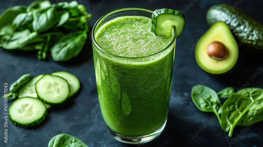 A green smoothie in a tall glass, surrounded by spinach, avocado, and cucumber slices, Illustration, Drink Concept A green smoothie in a tall glass, surrounded by spinach, avocado, and cucumber slices, Illustration, Drink Concept