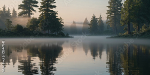 Early Morning Mist Over Serene Forest Lake. photo