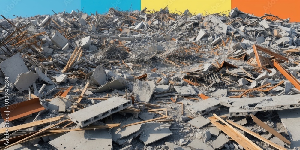 Demolished building debris poses hazard on ground. Demolished building debris poses hazard on ground.