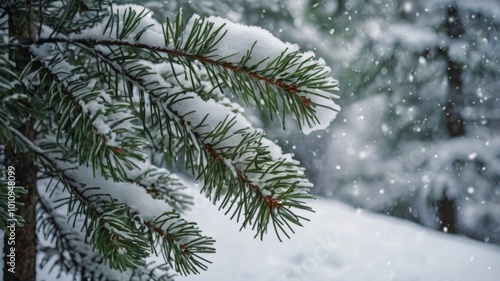 Pine tree branch covered in snow with snow falling in the background