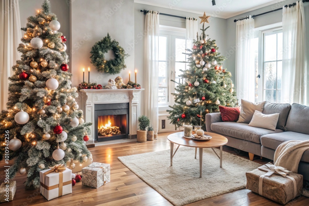 Φωτογραφία Cozy decor in gray and green tones in the interior of the Christmas room, candles, a Christmas tree decorated with crystal toys and garlands