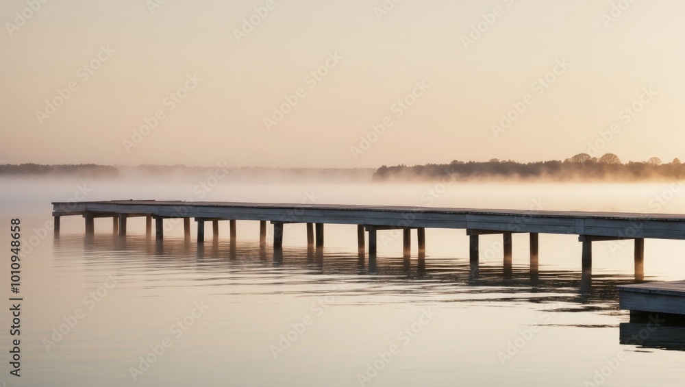Wooden pier extending over calm water at sunrise with mist and soft lighting. Wooden pier extending over calm water at sunrise with mist and soft lighting.