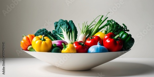 Colorful as well as artfully arranged vegetables in a bowl featuring minimal shadows for visual appeal. photo