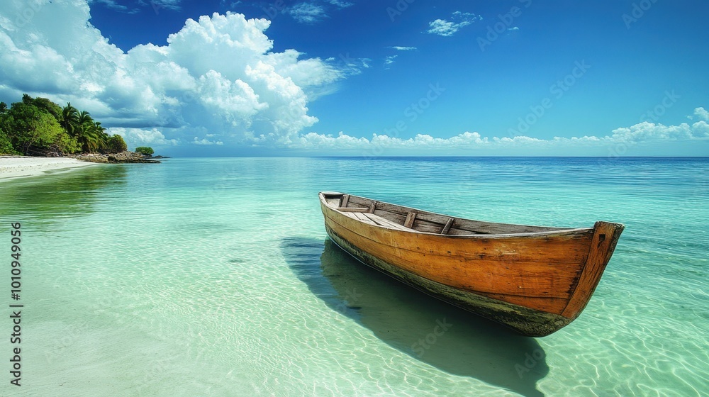 Serene Wooden Boat on Crystal Clear Tropical Beach with Vibrant Blue Sky and Lush Greenery in the Background Serene Wooden Boat on Crystal Clear Tropical Beach with Vibrant Blue Sky and Lush Greenery in the Background