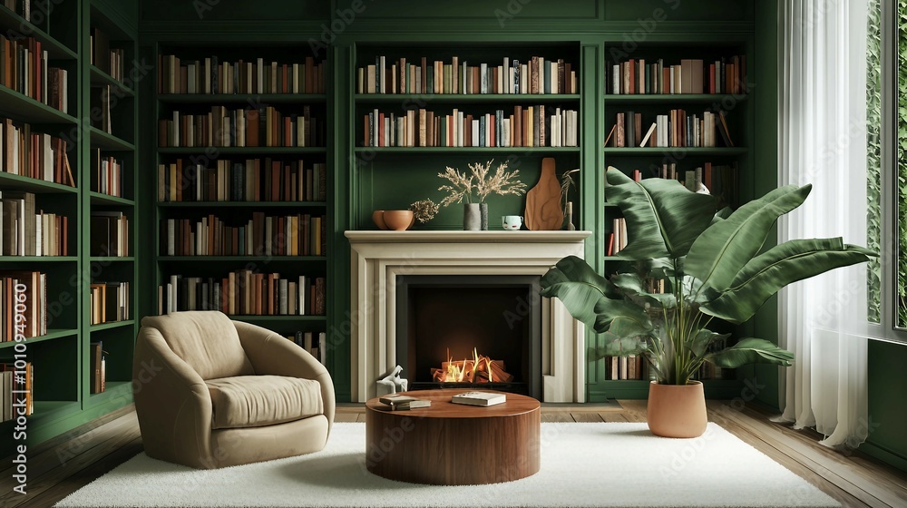 Cozy Living Room with Fireplace, Bookshelves and Greenery Cozy Living Room with Fireplace, Bookshelves and Greenery