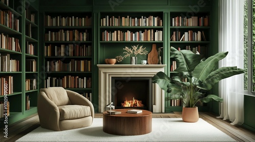 Cozy Living Room with Fireplace  Bookshelves and Greenery