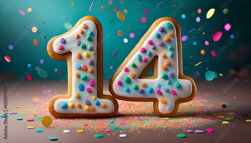Naklejka premium Decorated cookie, number 14, illustration for birthday or anniversary celebration