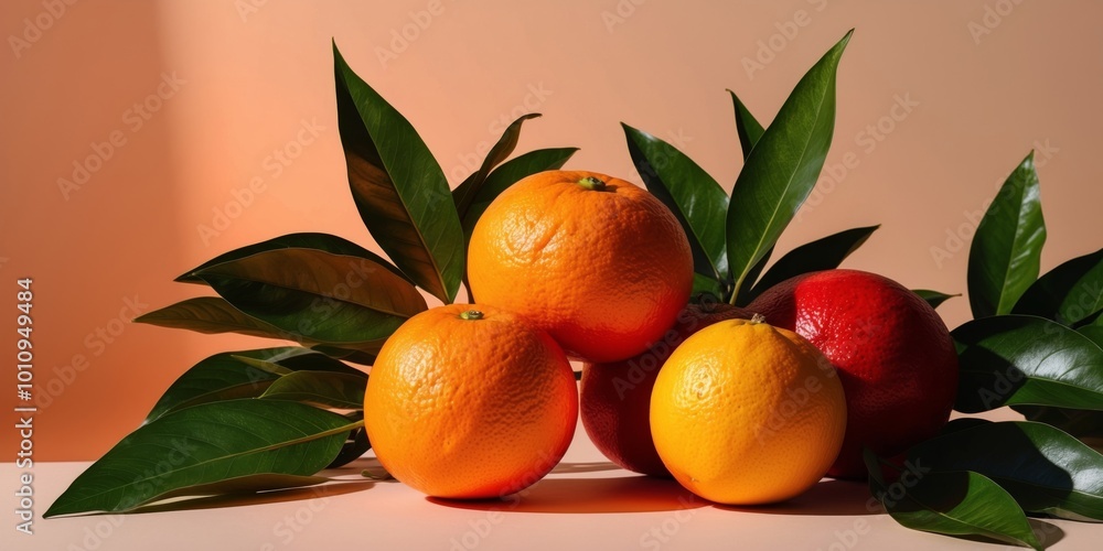 Orange and Red Citrus Fruits with Green Leaves on Orange Background. Orange and Red Citrus Fruits with Green Leaves on Orange Background.
