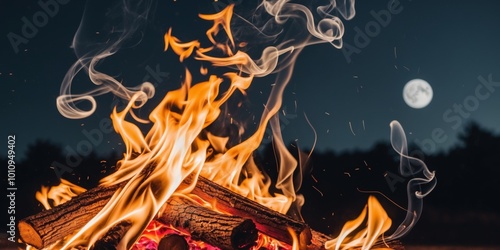 Burning firewood with glowing flames and smoke in the night.