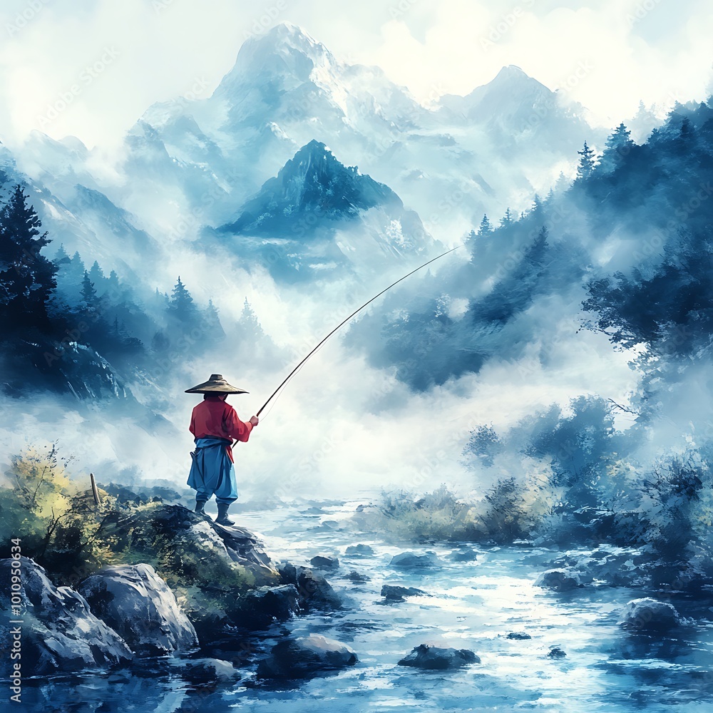 Solitary Fisherman in a Misty Mountain Landscape. Solitary Fisherman in a Misty Mountain Landscape.