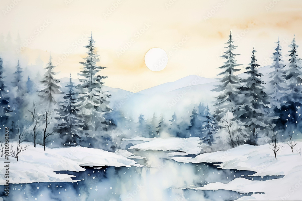 Winter landscape with river and pine trees. Digital watercolor painting Winter landscape with river and pine trees. Digital watercolor painting