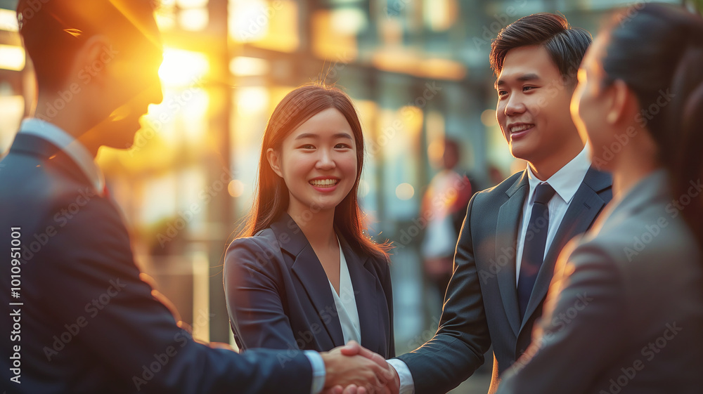 Group of Asian business professionals smiling and shaking hands outdoors during a sunset, signifying partnership, teamwork, and successful collaboration. Group of Asian business professionals smiling and shaking hands outdoors during a sunset, signifying partnership, teamwork, and successful collaboration.