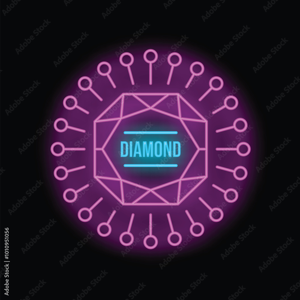 Fototapeta premium Neon sign of a diamond with geometric lines glowing in blue and pink on a black background