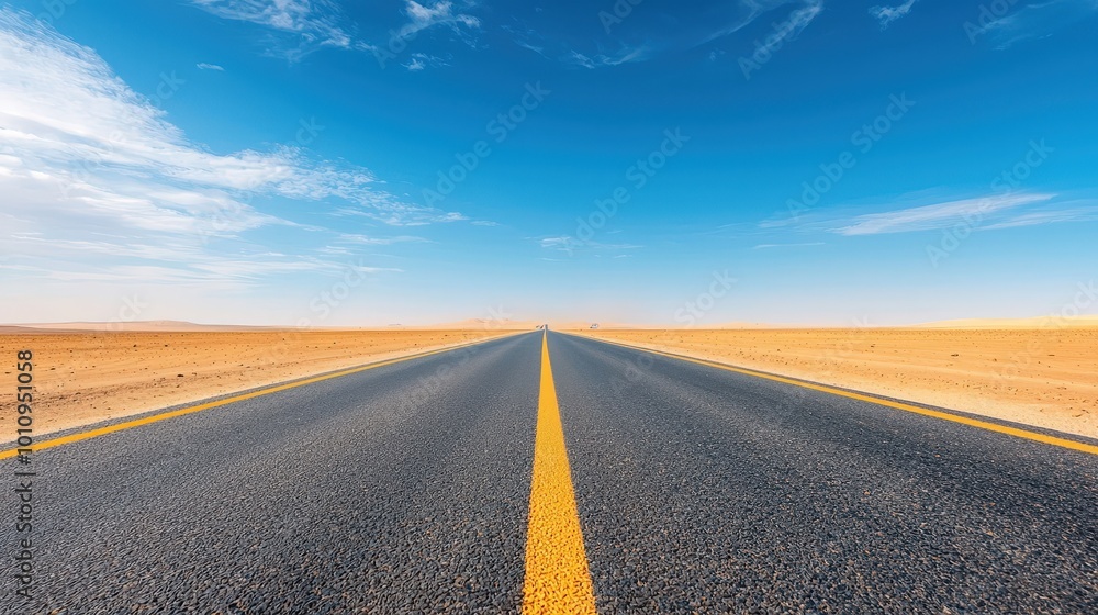 Naklejka premium Endless Road Through Desert Landscape Under Blue Sky