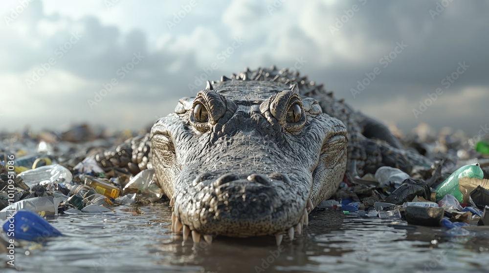 Obraz premium Majestic Photorealistic Crocodile Submerged in Polluted Water Among Plastic Debris, Eyes Peeking, High Resolution 8K Illustration