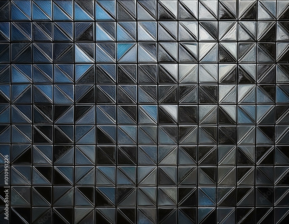 Polished, Semigloss Wall background with tiles. Triangular, tile Wallpaper with 3D, Black blocks. 3D Render Polished, Semigloss Wall background with tiles. Triangular, tile Wallpaper with 3D, Black blocks. 3D Render