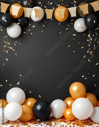 black and golden balloons and confetti background with copy space for festive gender reveal party or baby shower backdrop photo