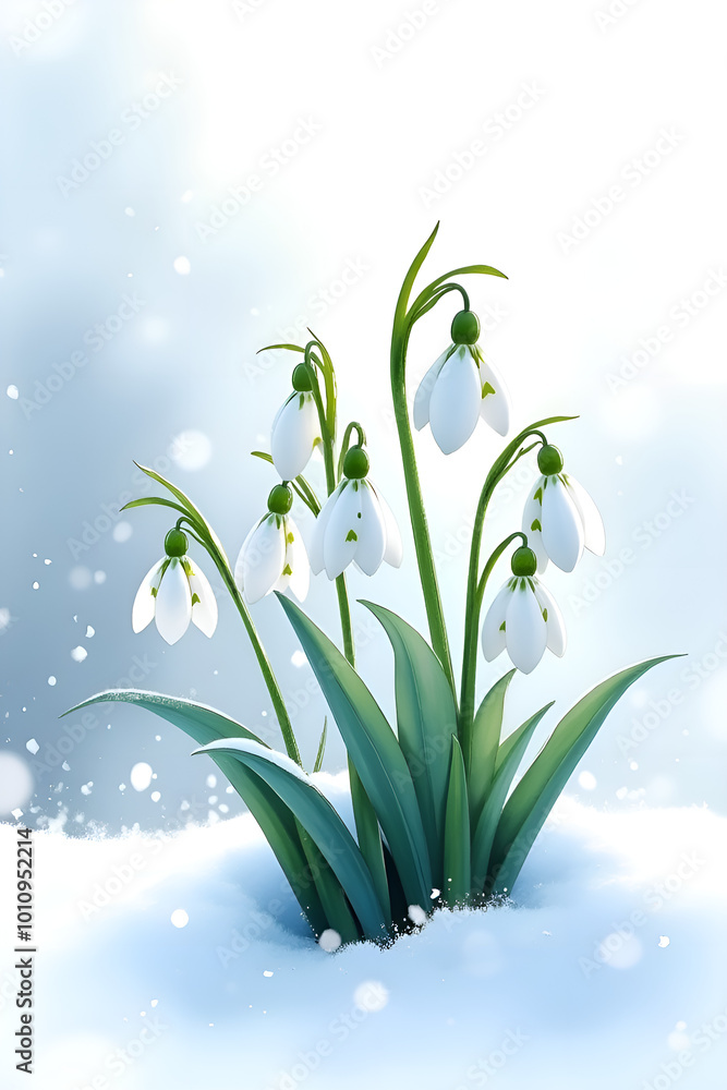Delicate snowdrops blooming in snowy landscape with copy space Delicate snowdrops blooming in snowy landscape with copy space