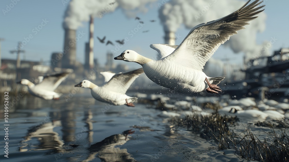 Majestic Geese Flying Over Polluted River with Smoke Stacks, Environmental Impact in High Resolution 8K Quality Majestic Geese Flying Over Polluted River with Smoke Stacks, Environmental Impact in High Resolution 8K Quality