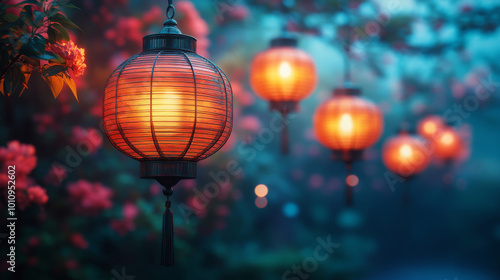 Luminous Lanterns in a Verdant Garden