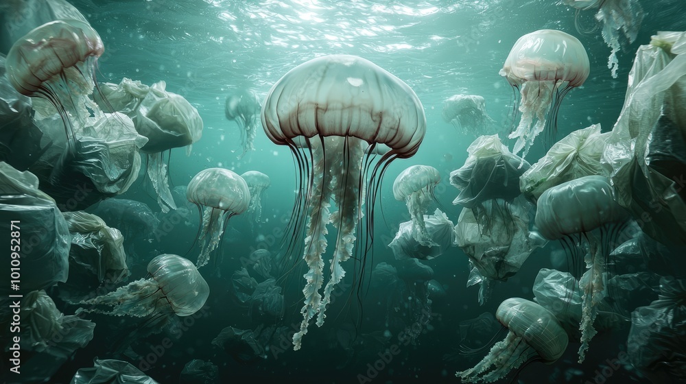 Eerie Encounter: Photorealistic Jellyfish Amid Plastic Pollution in 8K Resolution Eerie Encounter: Photorealistic Jellyfish Amid Plastic Pollution in 8K Resolution