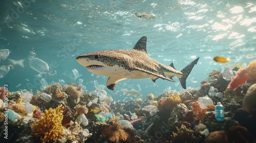 Endangered Leopard Shark Amid Polluted Coral Reef - High Resolution 8K Photorealistic Scene