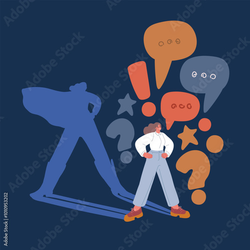 Cartoon vector illustration of a businesswoman with her hands on her hips, casting a superhero-like shadow on the wall, representing empowerment and self-assurance