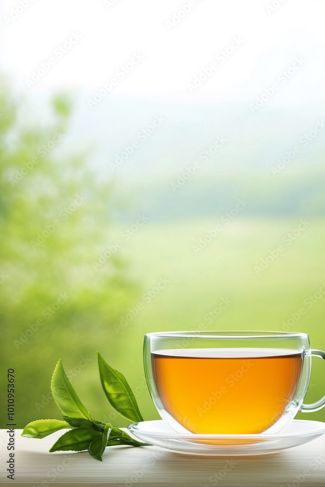 A cup of tea with green leaves next to it, just pure tea. Tea background template A cup of tea with green leaves next to it, just pure tea. Tea background template