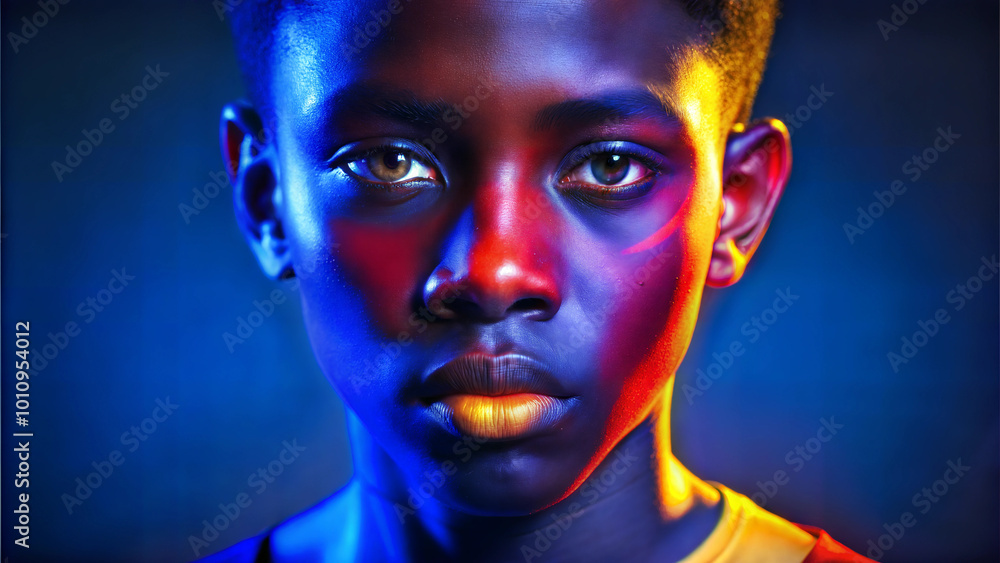 Portrait of a determined young black boy with a focused expression against a colorful background Portrait of a determined young black boy with a focused expression against a colorful background