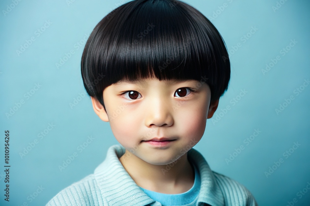 A young Asian boy with a stylish bowlcut in black hair poses in a serene pale blue studio, ideal for children’s fashion and portrait photography. A young Asian boy with a stylish bowlcut in black hair poses in a serene pale blue studio, ideal for children’s fashion and portrait photography.