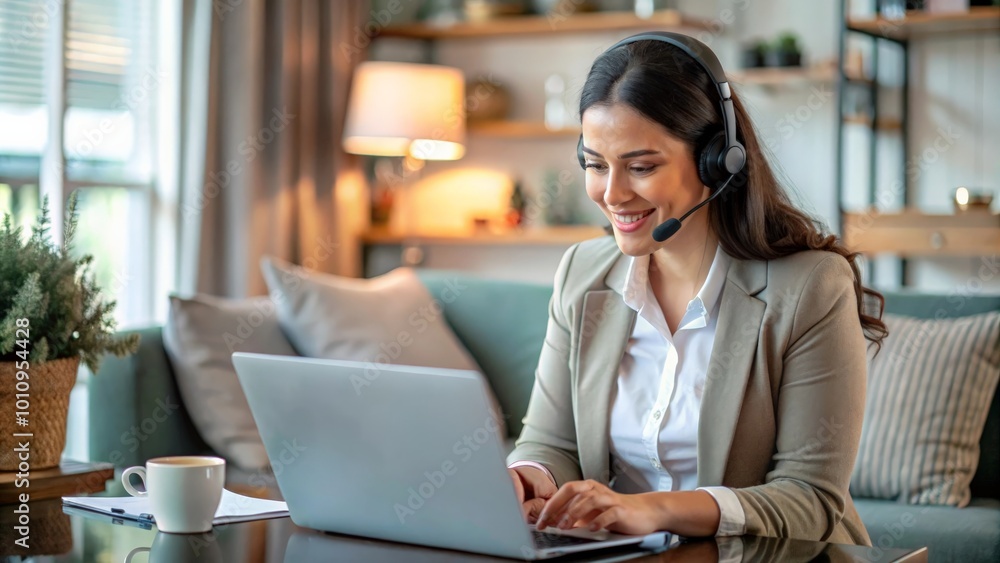 Home customer support, laptop video call and woman explain consultation, ecommerce or sales pitch in webinar. Freelance, remote work receptionist or person consulting on online conference discussion Home customer support, laptop video call and woman explain consultation, ecommerce or sales pitch in webinar. Freelance, remote work receptionist or person consulting on online conference discussion