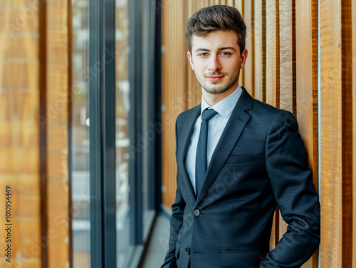 Confident young man in business attire stands by wooden wall in modern office during daylight hours, showcasing professional demeanor