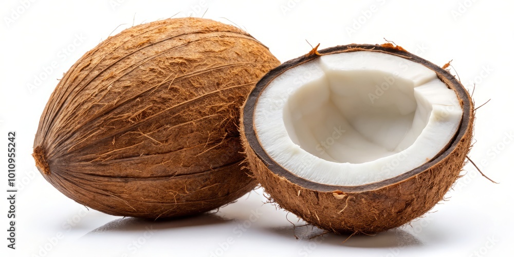Fresh coconut on a white background symbolizes tropical cuisine, promotes a healthy lifestyle, and epitomizes natural Fresh coconut on a white background symbolizes tropical cuisine, promotes a healthy lifestyle, and epitomizes natural