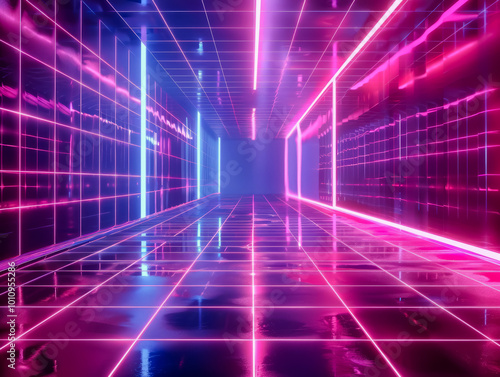 A vibrant neon corridor with reflections and glowing lights creates an immersive experience in a futuristic environment