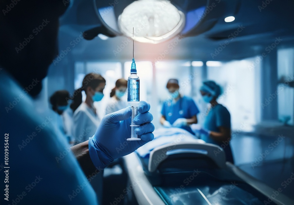 Fototapeta premium A gloved hand holds a syringe filled with clear liquid in a sterile medical setting.