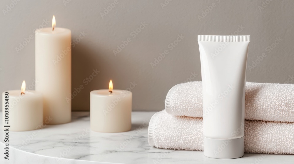 Serene spa scene with candles, towels, and a lotion tube on a marble surface. Serene spa scene with candles, towels, and a lotion tube on a marble surface.