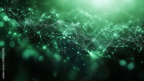 Abstract green digital background with glowing particles and connecting lines representing data networks and modern technology.