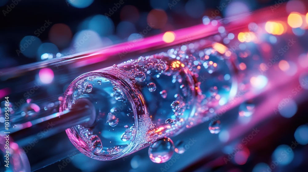 Vibrant Neon Abstract with Bubbles and Light Reflections in a Futuristic Setting Vibrant Neon Abstract with Bubbles and Light Reflections in a Futuristic Setting