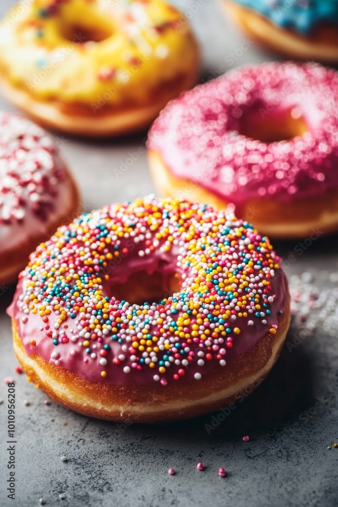 Colorful doughnuts with sprinkles and a glossy glaze on top, on a grey table. Colorful doughnuts with sprinkles and a glossy glaze on top, on a grey table.