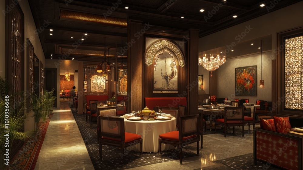A contemporary Indian restaurant beautifully adorned with traditional art pieces and modern elements, inviting guests to enjoy a unique experience. A contemporary Indian restaurant beautifully adorned with traditional art pieces and modern elements, inviting guests to enjoy a unique experience.