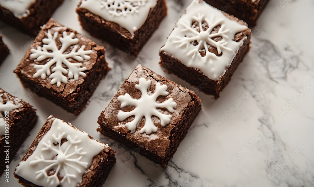 Chocolate brownies with white icing and Christmas tree, Generative AI Chocolate brownies with white icing and Christmas tree, Generative AI